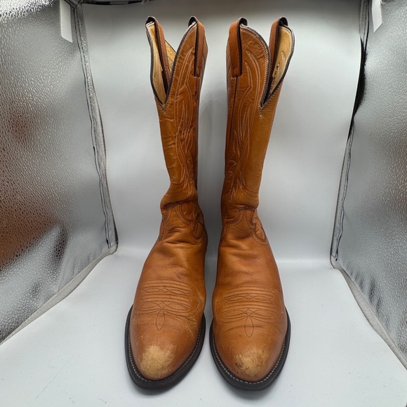 Justin Bay Apache Leather Western Cowboy Boots F3408 Mens 8.5B Tan Made In USA - Picture 16 of 16
